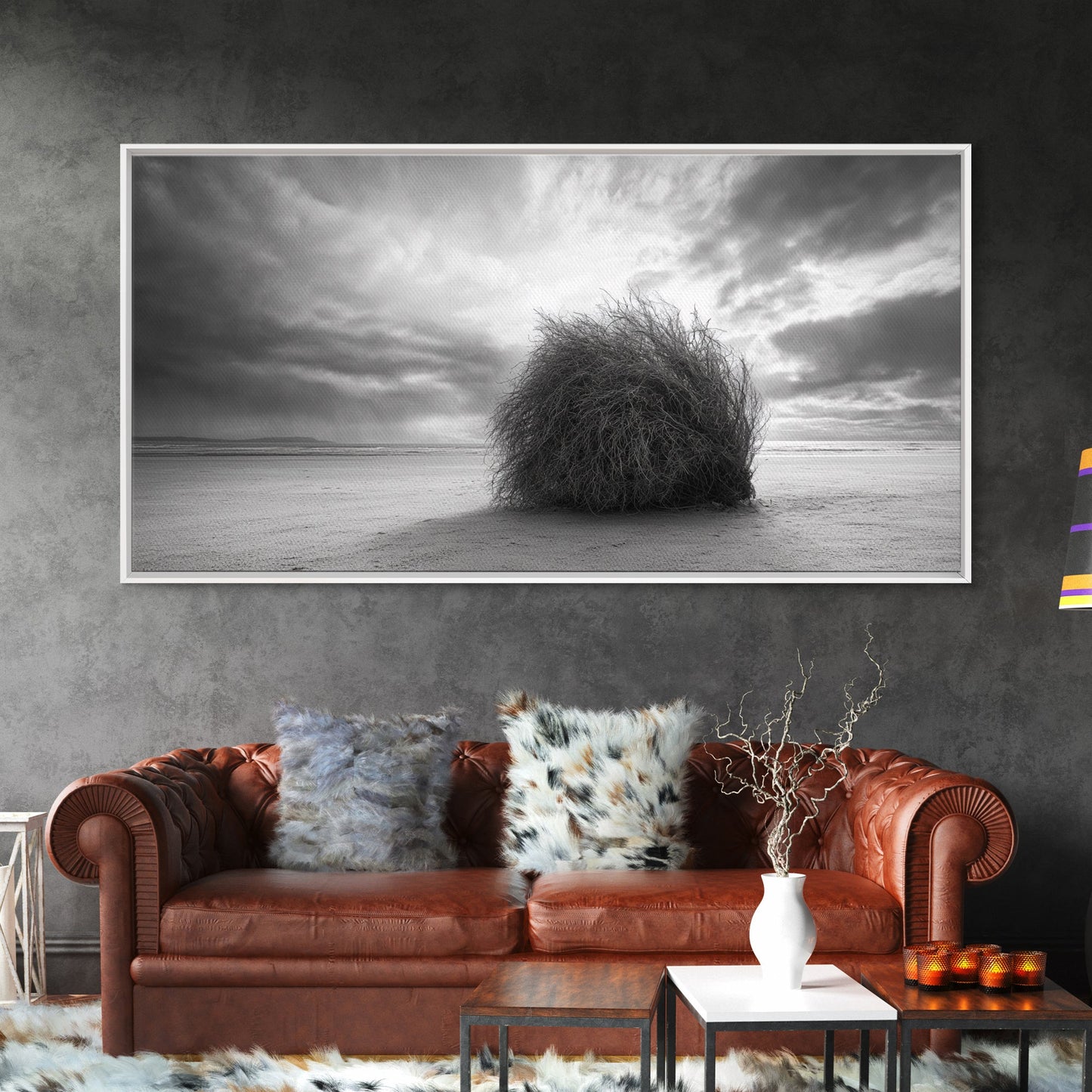 Tumbleweed, Desert Beach, Moody Sky, Solitary Calm, Framed Canvas Print, minimalist desert wall art, western Fall decor, neutral tones