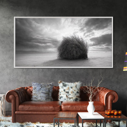 Tumbleweed, Desert Beach, Moody Sky, Solitary Calm, Framed Canvas Print, minimalist desert wall art, western Fall decor, neutral tones