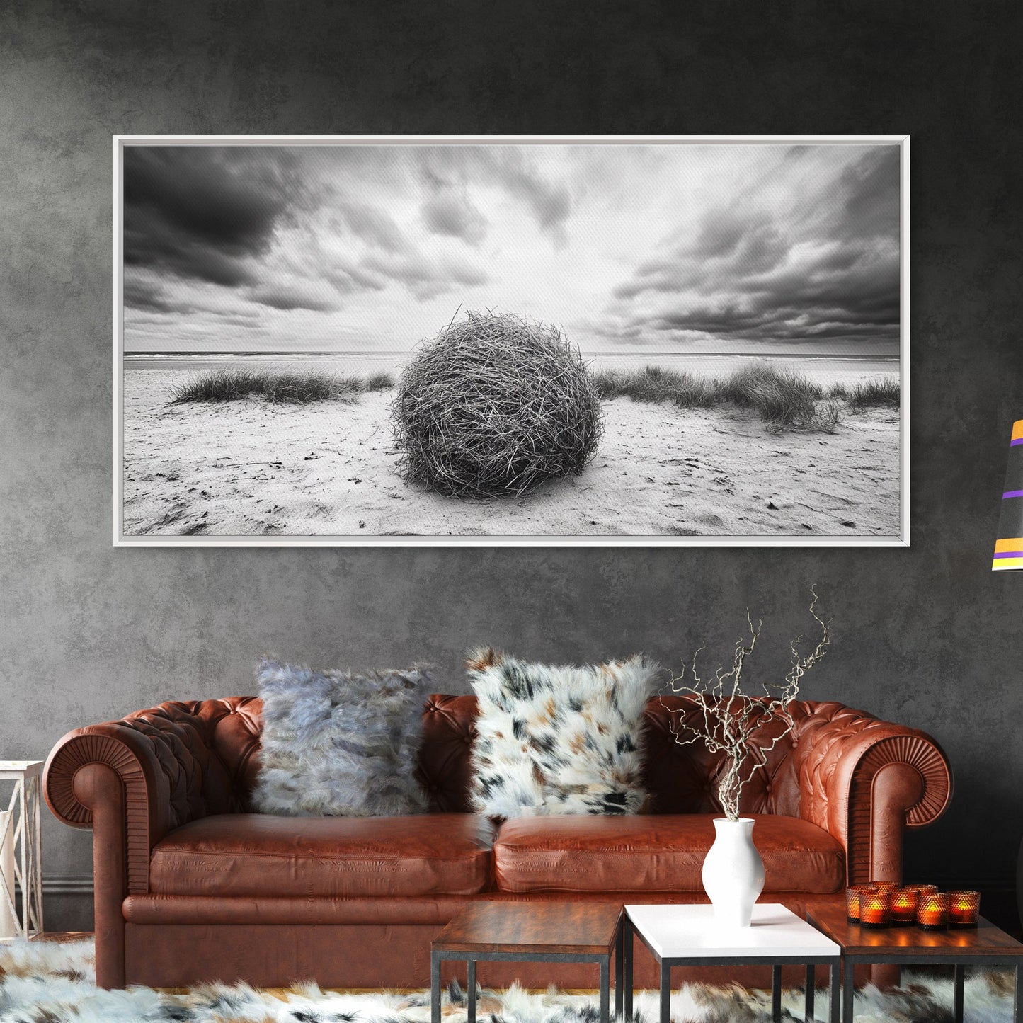 Desert Tumbleweed, Western Landscape, Stormy Sky, Framed Canvas Print, Rustic Farmhouse Wall Art, Fall Decor, Minimalist Western Art