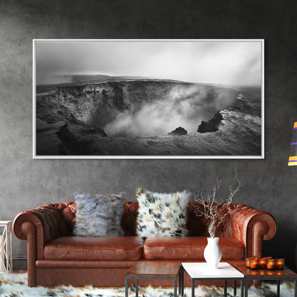 Vulkankrater, rauchige Erde, epische Landschaft, gerahmter Leinwanddruck, ausdrucksstarke Naturkunst, Dekoration fürs Arbeitszimmer, stimmungsvolle Schwarzweißfotografie