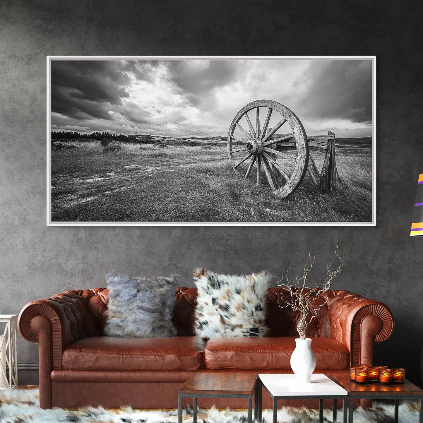 Prairie Wagon Wheel, Western Landscape, Rustic Field, Canvas Print, Country Farmhouse Wall Art, Fall Rustic Decor, Black And White Art