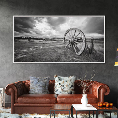 Prairie Wagon Wheel, Western Landscape, Rustic Field, Canvas Print, Country Farmhouse Wall Art, Fall Rustic Decor, Black And White Art