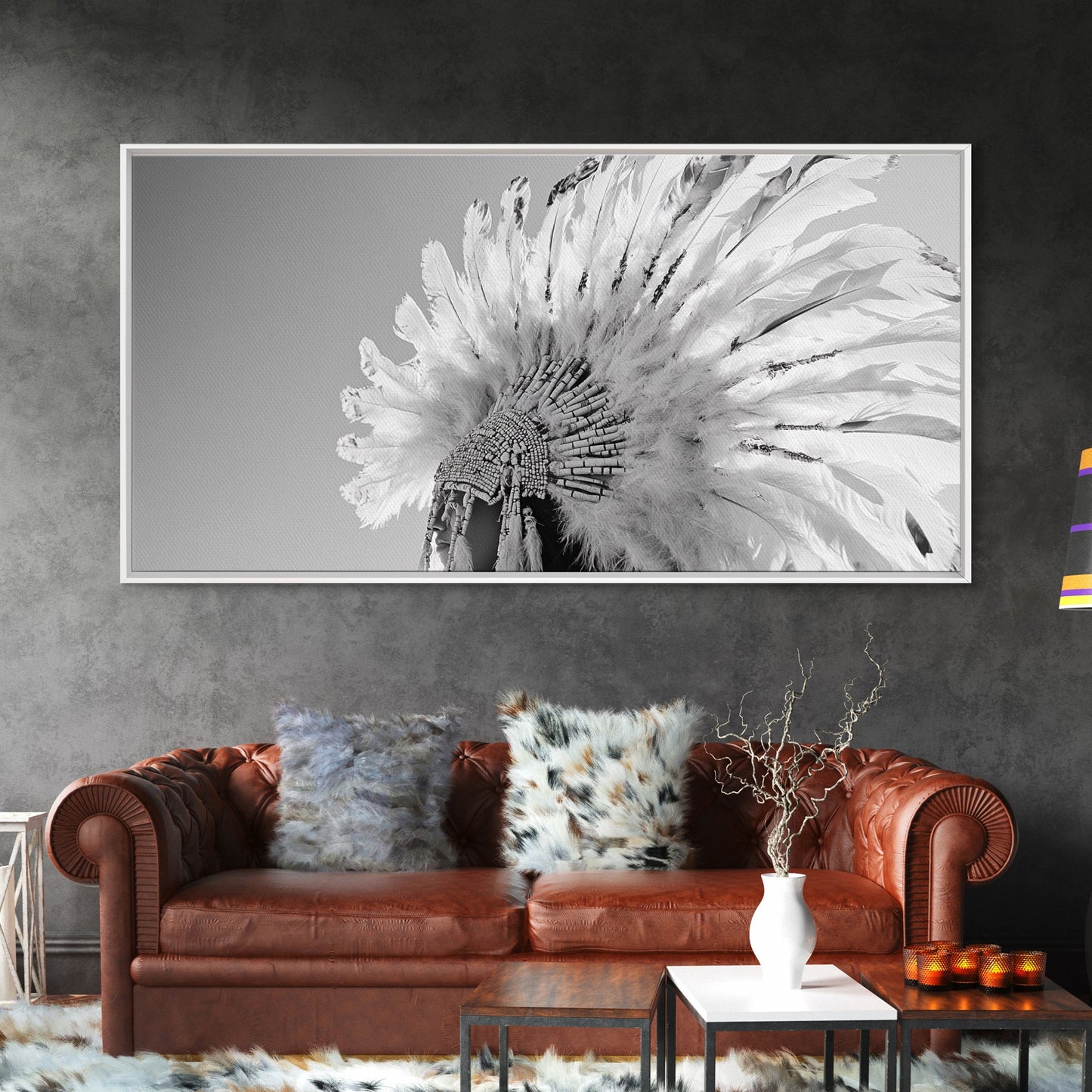 Kopfschmuck der Ureinwohner, Federkrone, Kulturelle Hommage, Leinwanddruck, Boho-Ethno-Dekor, Wandbild fürs Schlafzimmer, Monochromer indigener Stil