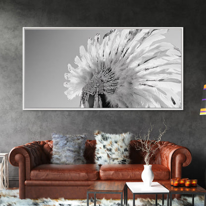 Kopfschmuck der Ureinwohner, Federkrone, Kulturelle Hommage, Leinwanddruck, Boho-Ethno-Dekor, Wandbild fürs Schlafzimmer, Monochromer indigener Stil