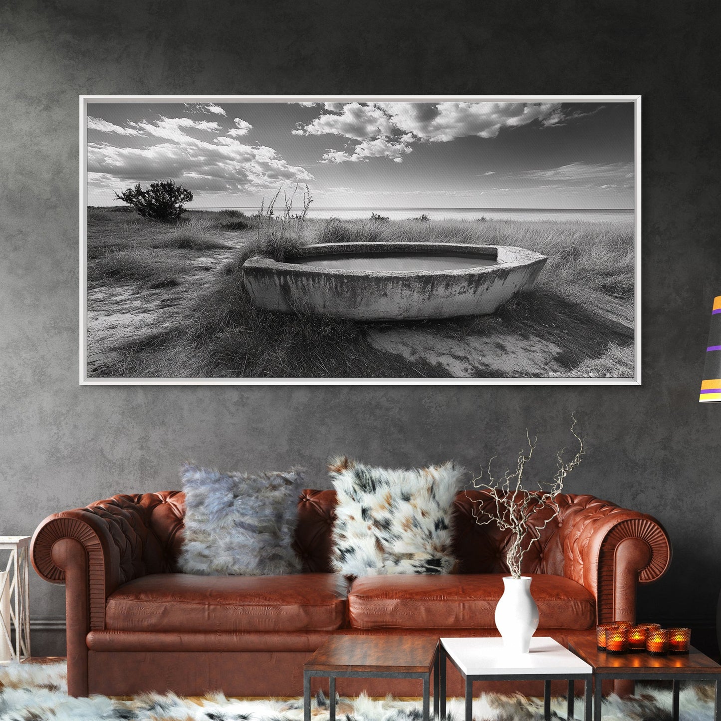 Concrete Trough, Coastal Horizon, Grassy Shoreline, Canvas Print, Rustic Farmhouse Bathroom Art, Minimalist Nature, Fall Beach Wall Decor