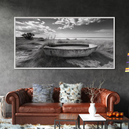 Concrete Trough, Coastal Horizon, Grassy Shoreline, Canvas Print, Rustic Farmhouse Bathroom Art, Minimalist Nature, Fall Beach Wall Decor