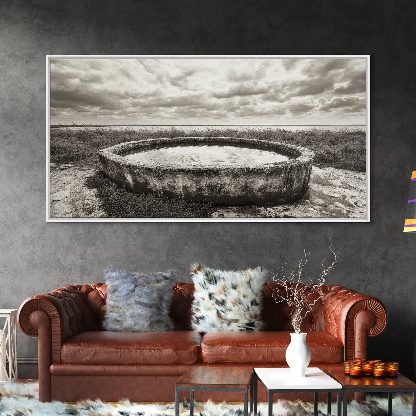 Water Trough, Overcast Skies, Ocean Breeze, Framed Canvas Print, Country Rustic Wall Art, Sepia Toned Fall Decor, Entryway Or Den Art