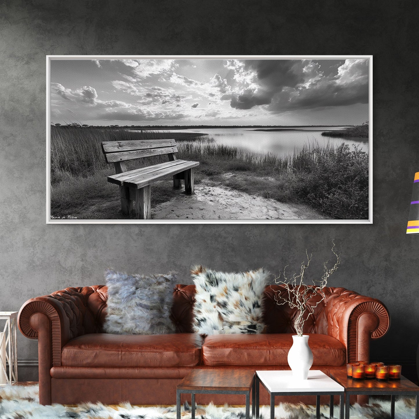 Lakeside Bench, Calm Waters, Sunset View, Canvas Print, Tranquil Nature Photography, Living Room Wall Art, Serene Outdoor Fall Landscape