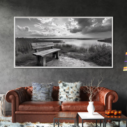 Lakeside Bench, Calm Waters, Sunset View, Canvas Print, Tranquil Nature Photography, Living Room Wall Art, Serene Outdoor Fall Landscape