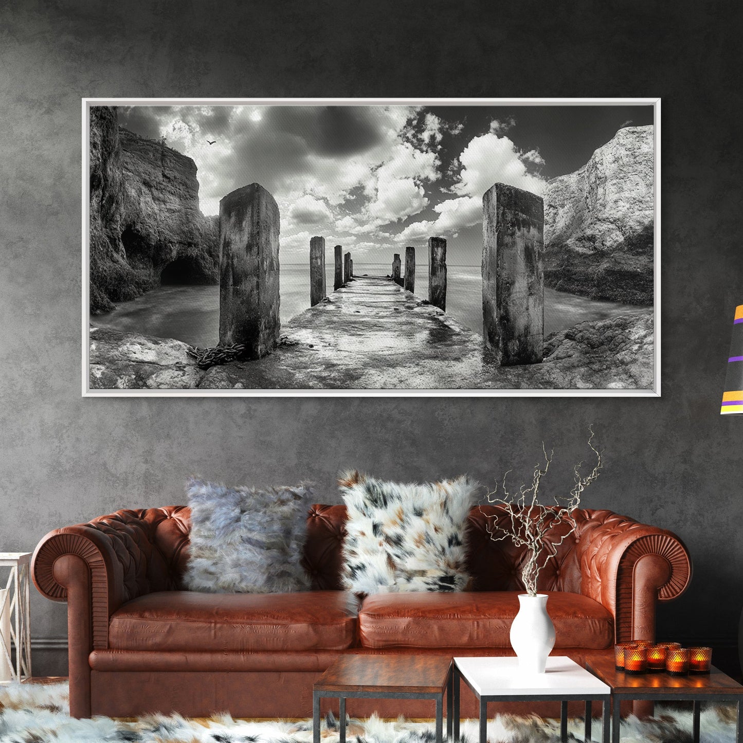 Ocean Pier, Seaside Dock, Crashing Waves, Canvas Print, Dramatic Coastal Wall Art, Black And White Decor, Bathroom Or Hallway Photography