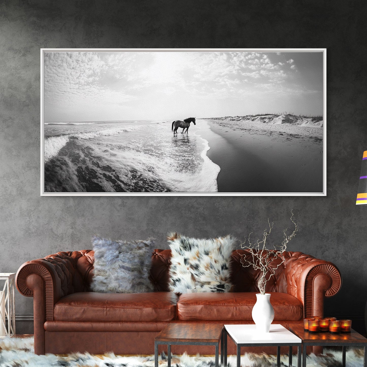 Wild Horse Beach, Coastal Nature Art, Minimalist Animal Photography, Serene Landscape, Neutral Bedroom Decor, Framed Canvas Print