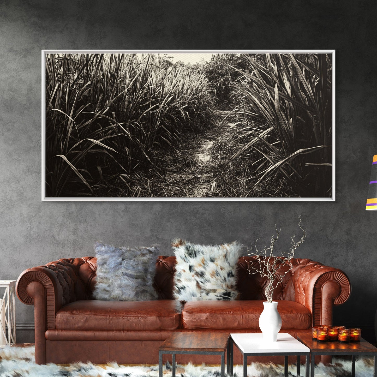 Grasbewachsener Pfad, Naturmotiv, Rustikale Landschaft, Naturnahe Wohndekoration, Herbstliche Flurkunst, Gerahmter Leinwanddruck