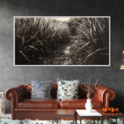 Grasbewachsener Pfad, Naturmotiv, Rustikale Landschaft, Naturnahe Wohndekoration, Herbstliche Flurkunst, Gerahmter Leinwanddruck