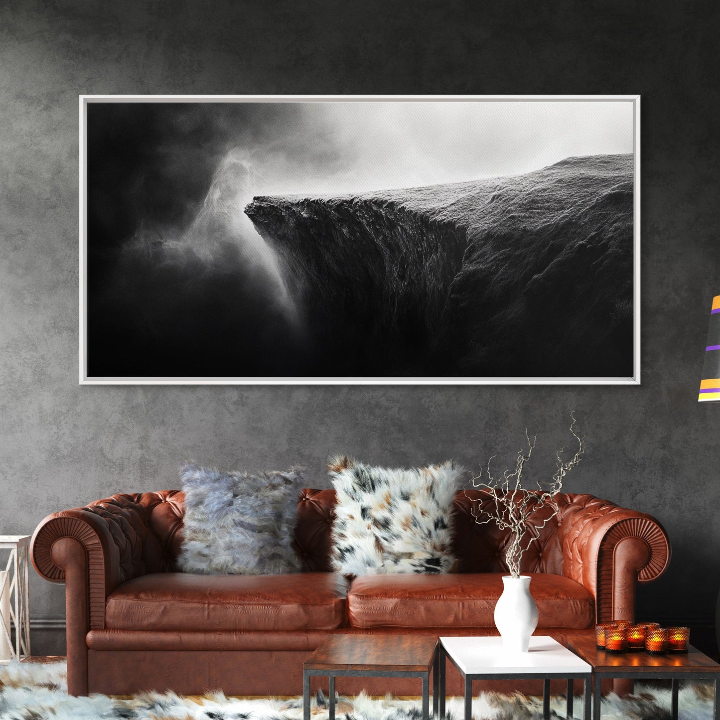 Misty Cliff, Fantasy Landscape, Monochrome Art, Mysterious Edge, Canvas Print, Moody Wall Decor, Bedroom Wall Art, Dark Nature Photography
