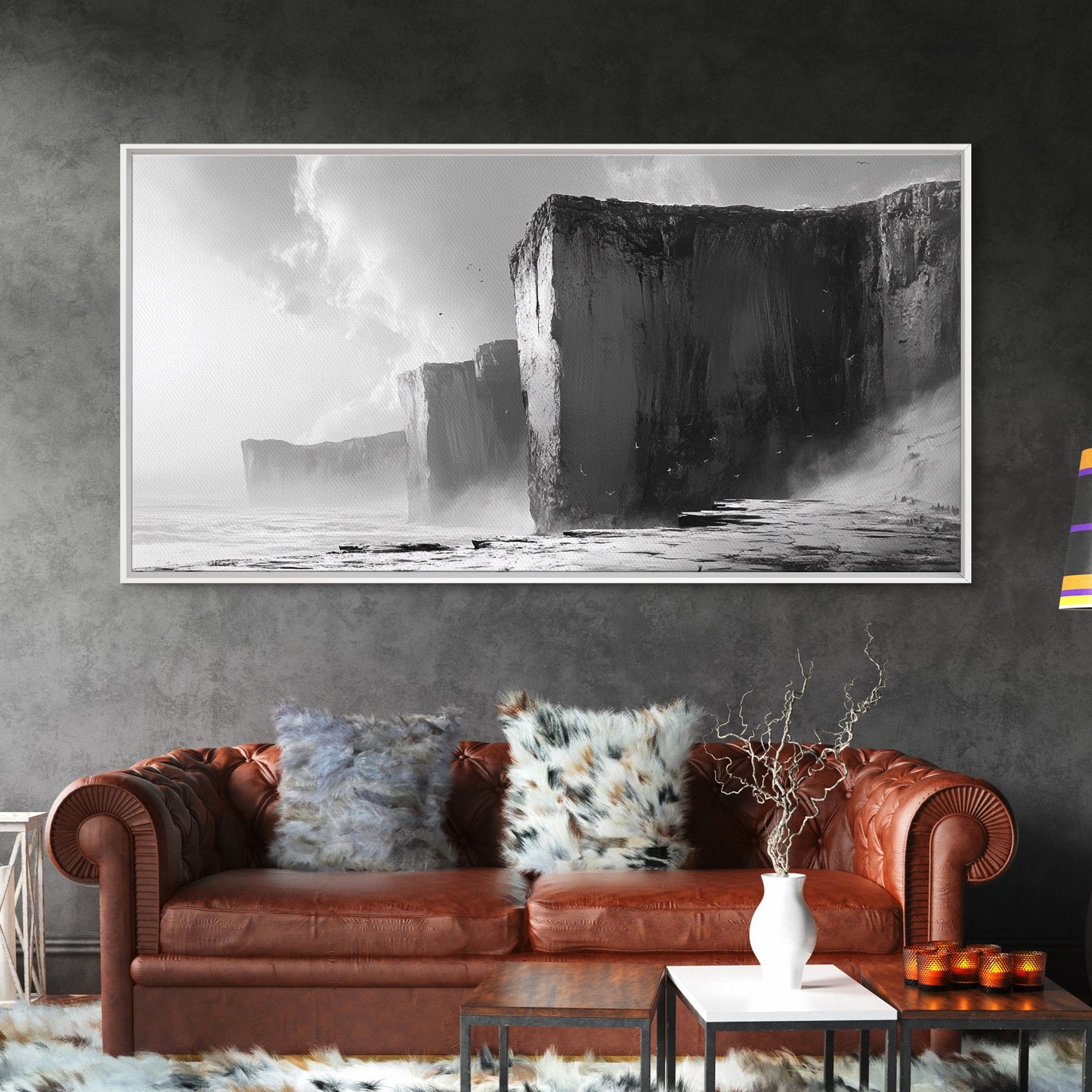 Ocean Cliffs, Towering Rock, Misty Coast, Rugged Seascape, Canvas Print, Moody Wall Art, Office Decor, Dramatic Landscape, Office Decor