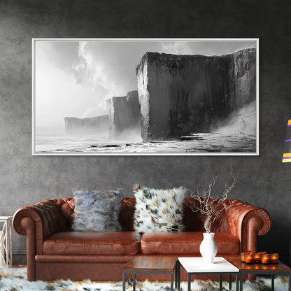 Ocean Cliffs, Towering Rock, Misty Coast, Rugged Seascape, Canvas Print, Moody Wall Art, Office Decor, Dramatic Landscape, Office Decor