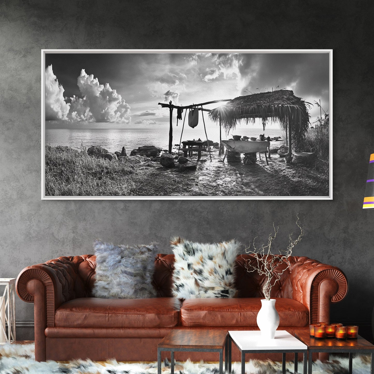 Beach Shack, Driftwood Table, Seaside Shelter, Sun Rays, Canvas Print, Rustic Coastal Art, Boho Decor, Dining Room Wall Art, Cabin Wall Art