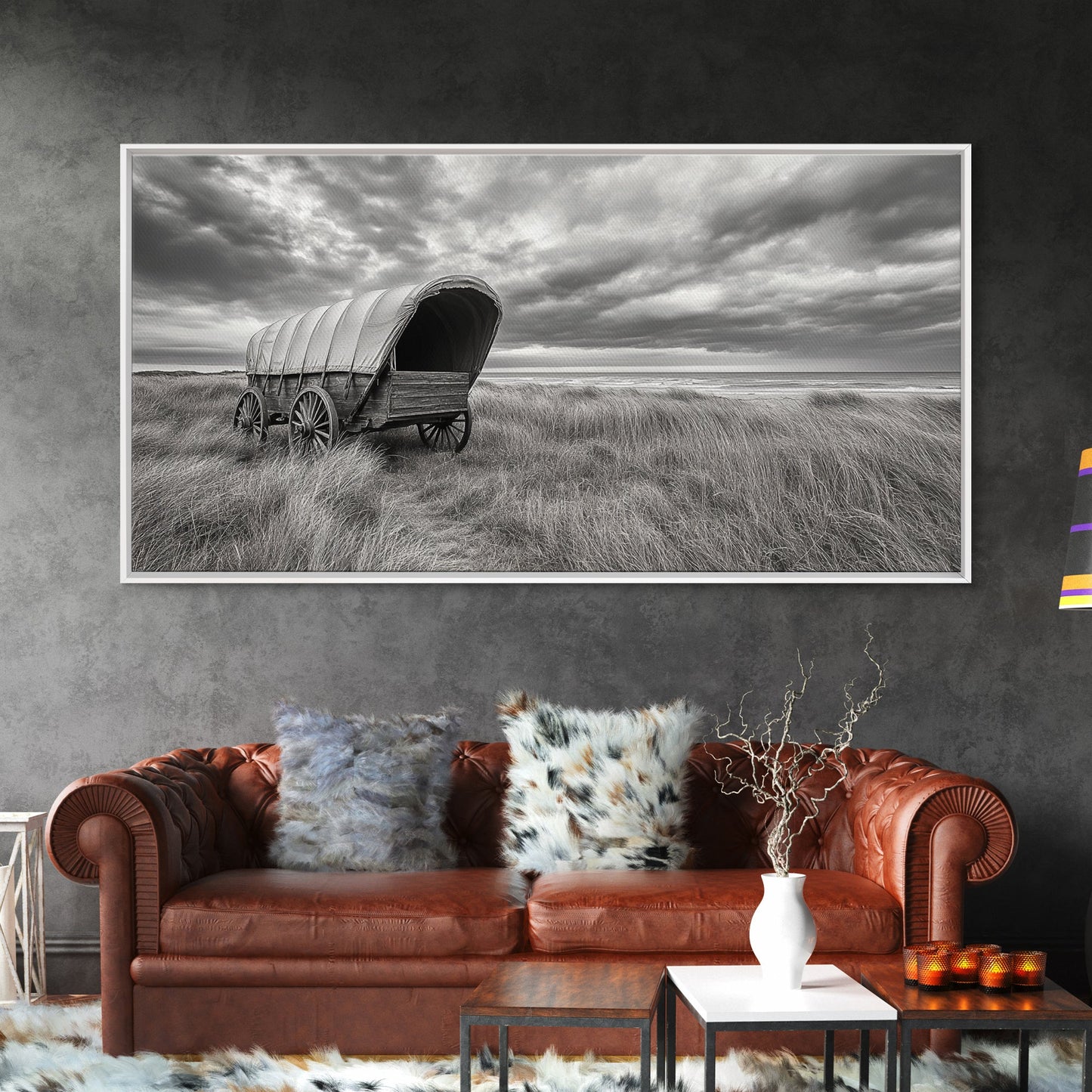 Prairie Wagon, Coastal Grass, Covered Cart, Western Landscape, Framed Canvas Print, Rustic Fall Art, Living Room Wall Decor