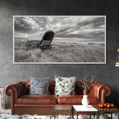 Prairie Wagon, Coastal Grass, Covered Cart, Western Landscape, Framed Canvas Print, Rustic Fall Art, Living Room Wall Decor