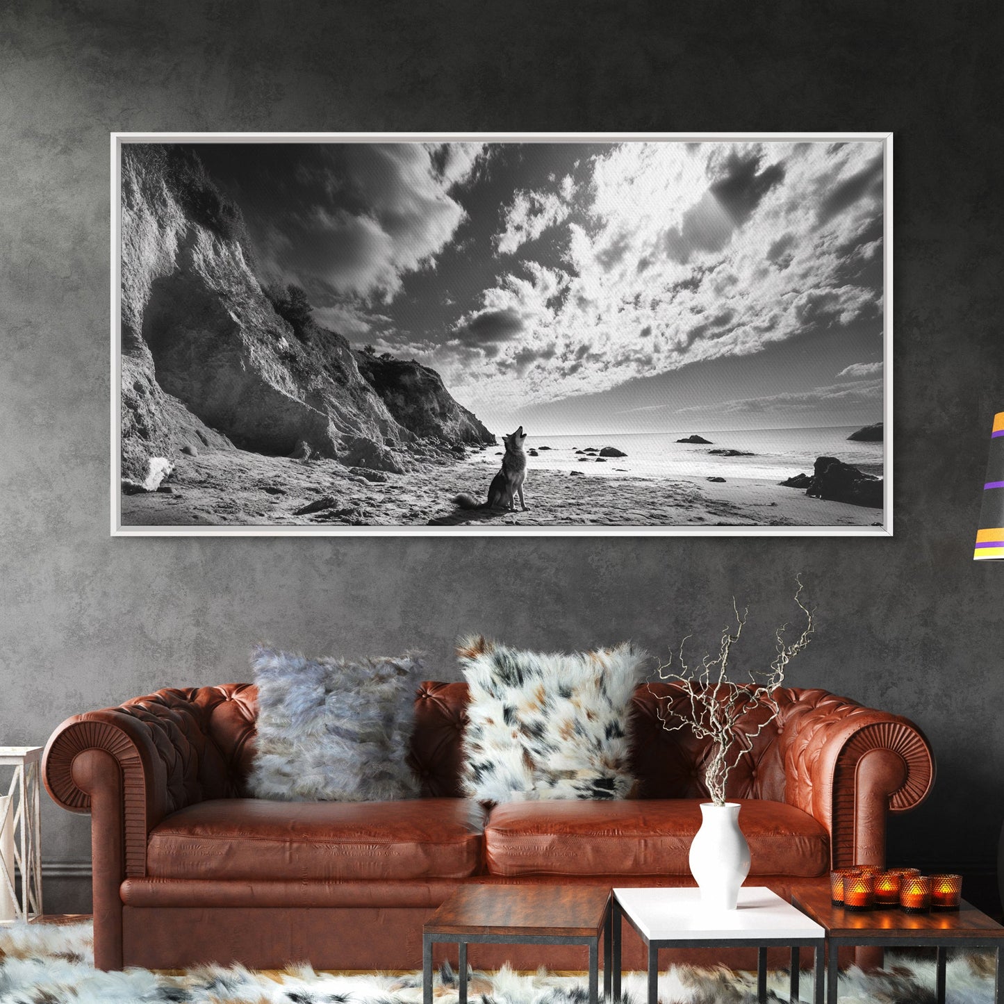 Howling Dog, Seaside Cliffs, Cloudy Sky, Wild Beach, Canvas Print, Nature Animal Art, Rustic Fall Wall Decor, Entryway Accent, Bedroom Wall Art