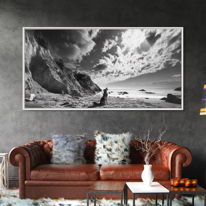 Howling Dog, Seaside Cliffs, Cloudy Sky, Wild Beach, Canvas Print, Nature Animal Art, Rustic Fall Wall Decor, Entryway Accent, Bedroom Wall Art