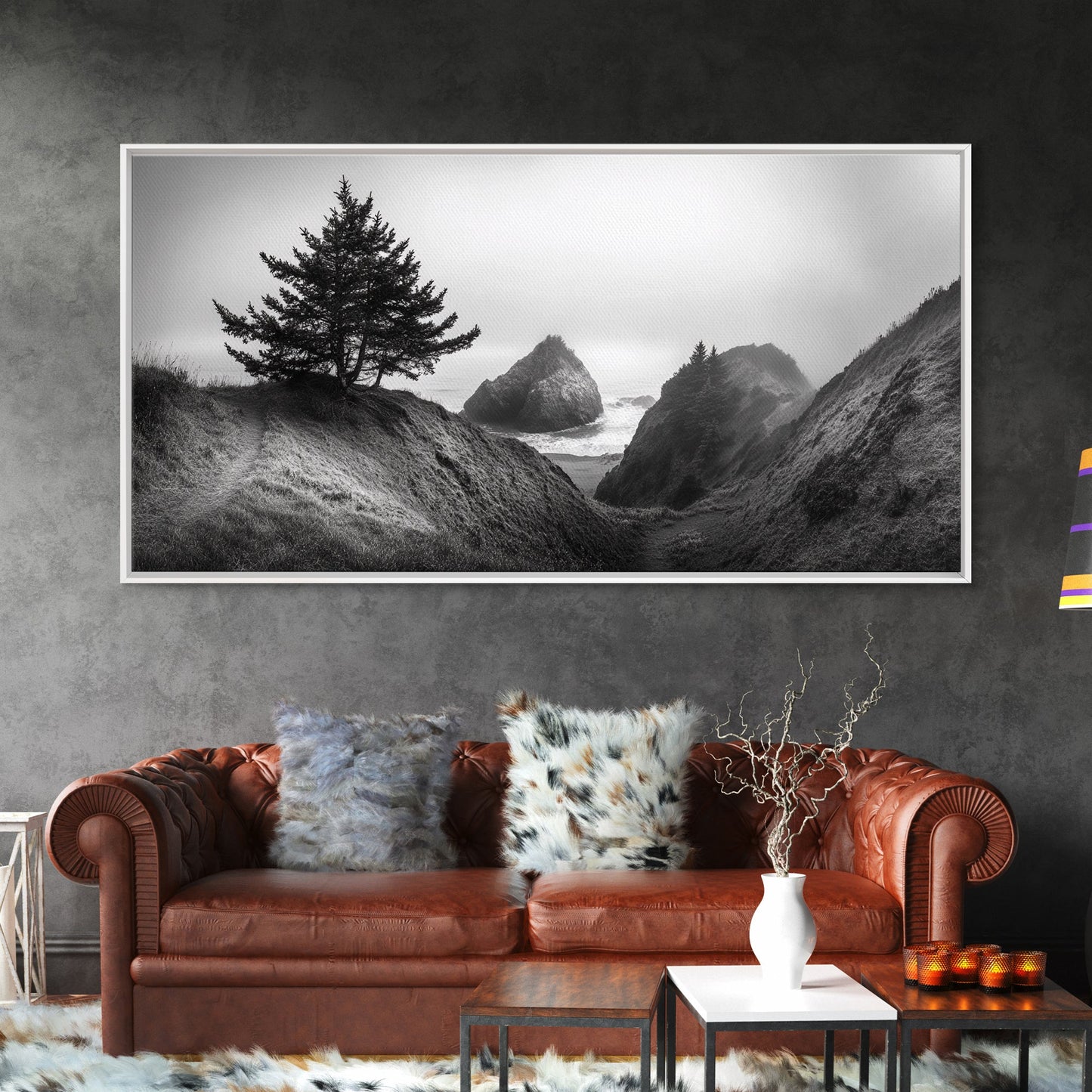 Coastal Cliff Scene, Evergreen Ocean Landscape, Pacific Northwest View, Framed Canvas Print, Nature Inspired Wall Art, Minimalist Decor