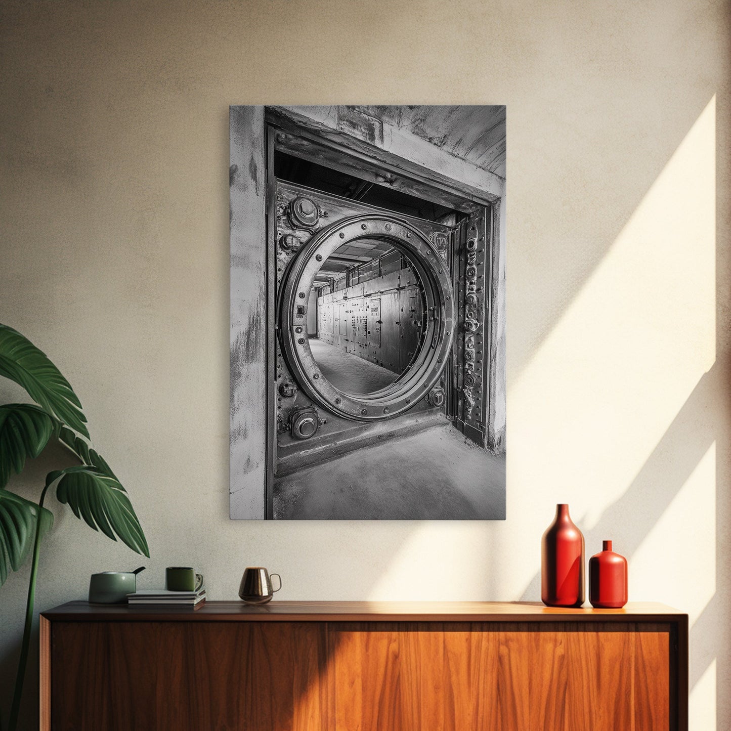 Bank Vault Door, Industrial Design, Urban Texture, Canvas Print, Masculine Office Decor, Steampunk Wall Art, Black White Print