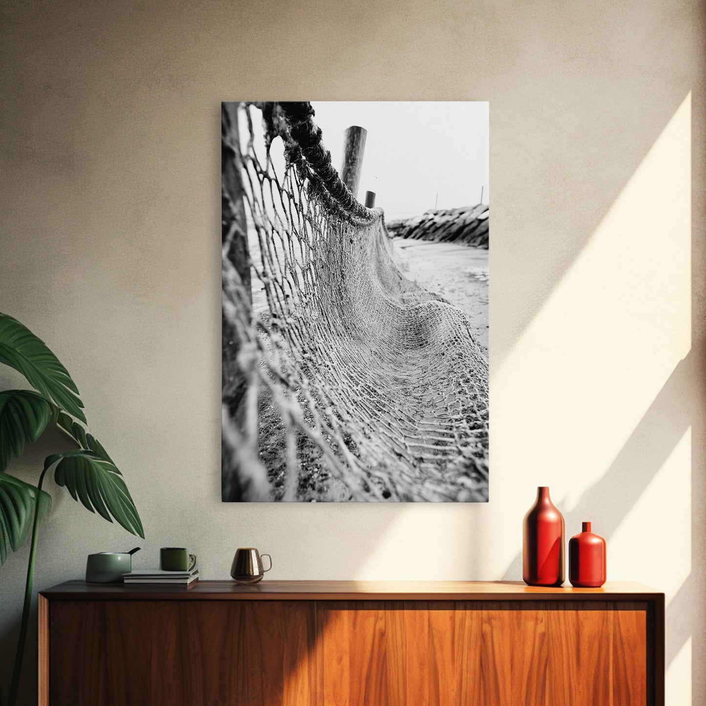 Coastal Net, Beach Texture, Nautical Vibe, Ocean Fence, Framed Canvas Print, Bathroom Wall Art, Coastal Cottage Style, Monochrome Beach Art