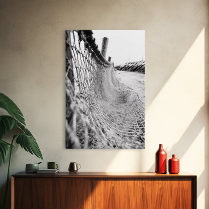 Coastal Net, Beach Texture, Nautical Vibe, Ocean Fence, Framed Canvas Print, Bathroom Wall Art, Coastal Cottage Style, Monochrome Beach Art