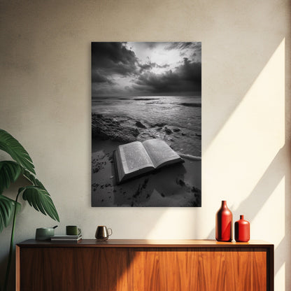 Book Beach Twilight, Reading By Ocean, Literary Seascape, Canvas Print, Study Wall Art, Moody Literary Art, Minimalist Coastal Decor