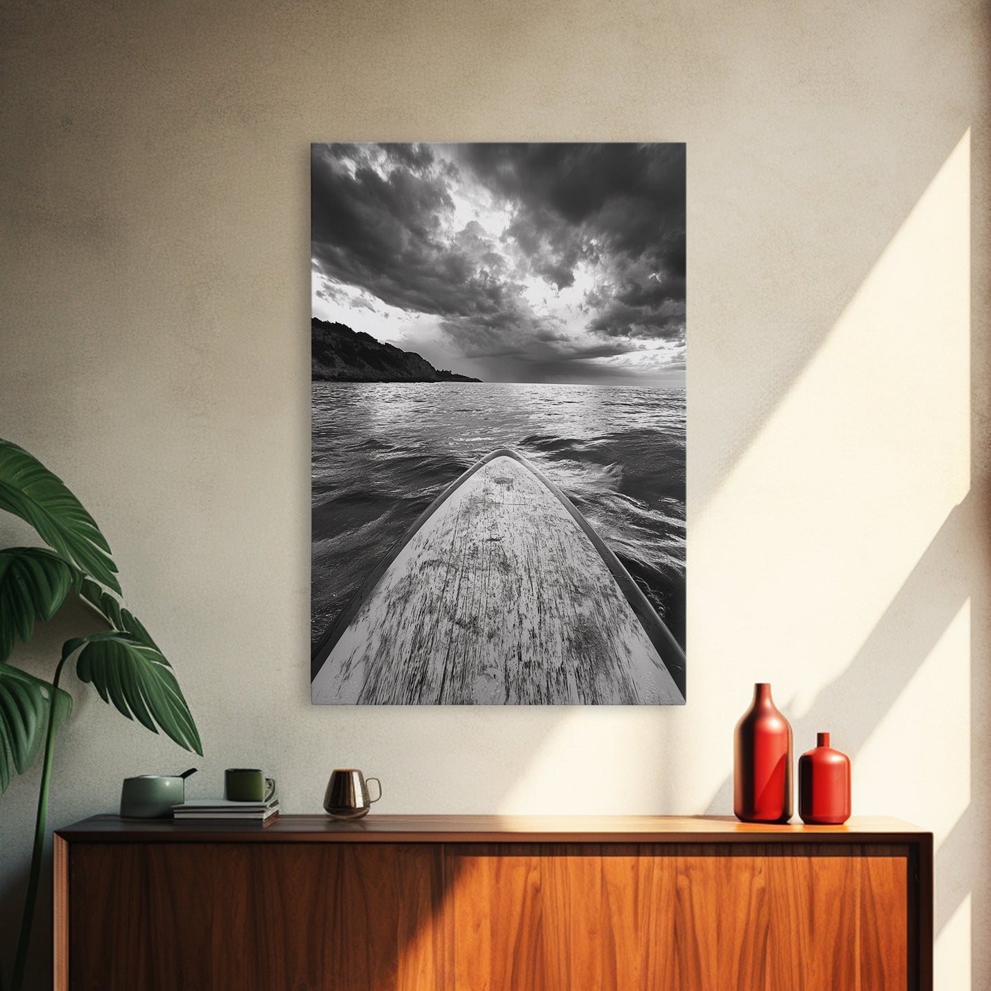 Stormy Sea, Paddle Board, Dramatic Sky, Ocean Adventure, Framed Canvas Print, Den Wall Art, Nautical Minimalist Decor, bedroom wall art