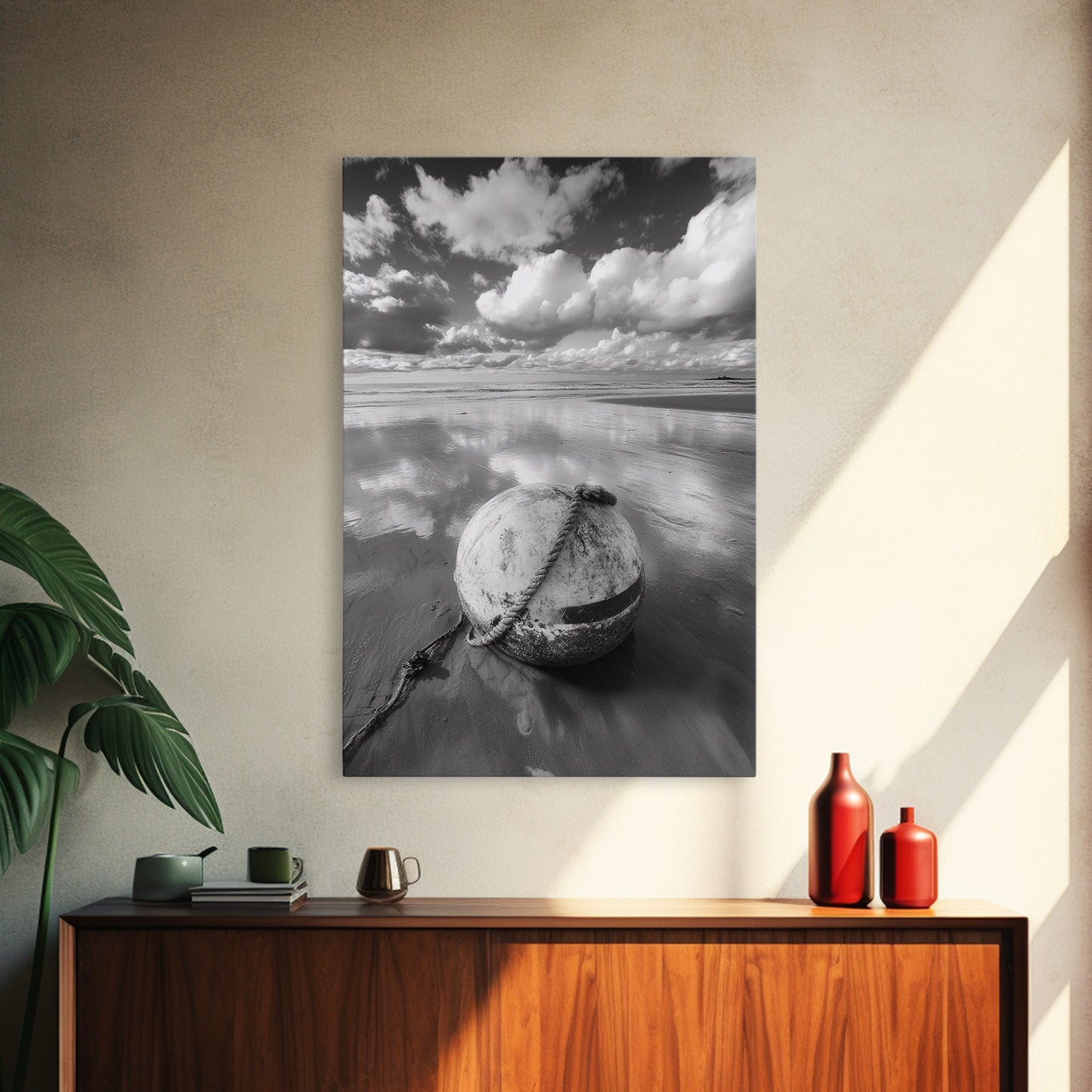 Washed buoy shore, coastal solitude, beach reflections, nautical simplicity, Framed Canvas Print, guest room art, seaside rustic wall decor
