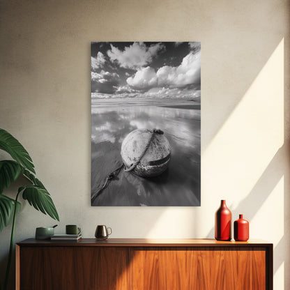 Washed buoy shore, coastal solitude, beach reflections, nautical simplicity, Framed Canvas Print, guest room art, seaside rustic wall decor