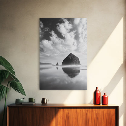 Iconic sea stack, Oregon coast art, tranquil reflections, dramatic clouds, Canvas Print, bedroom wall art, modern coastal minimalist decor