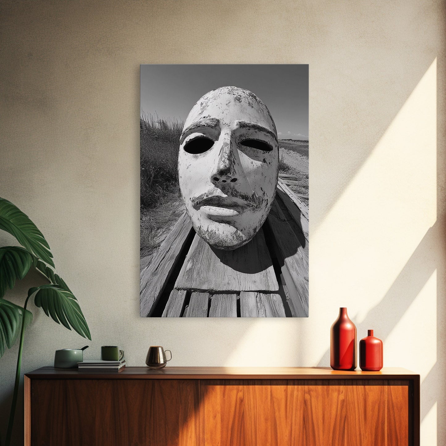 Weathered Mask, Coastal Surreal, Driftwood Dream, Canvas Print, Abstract Wall Art, Rustic Home Decor, Boho Artistic Style