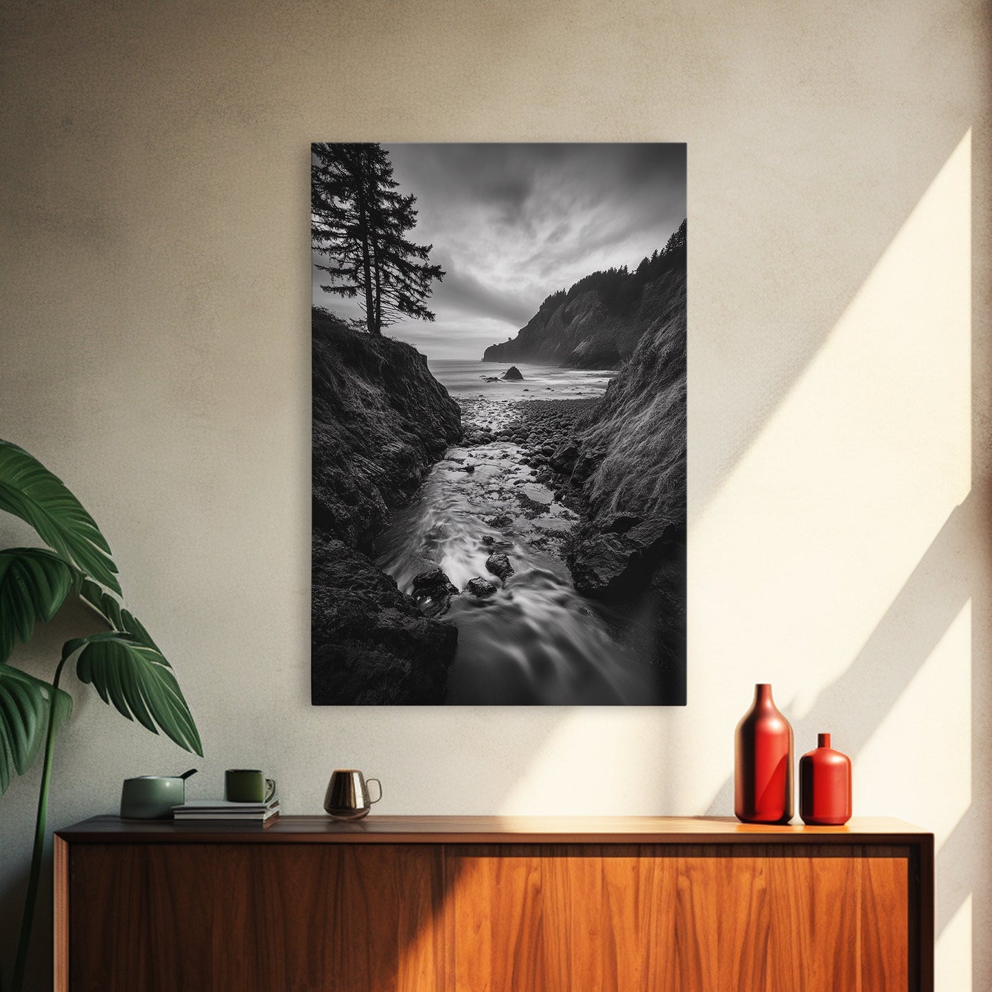 River Meets Sea, Forest Coast, Rugged Beauty, Sunset Flow, Canvas Print, Nature Wall Art, Moody Living Room Landscape