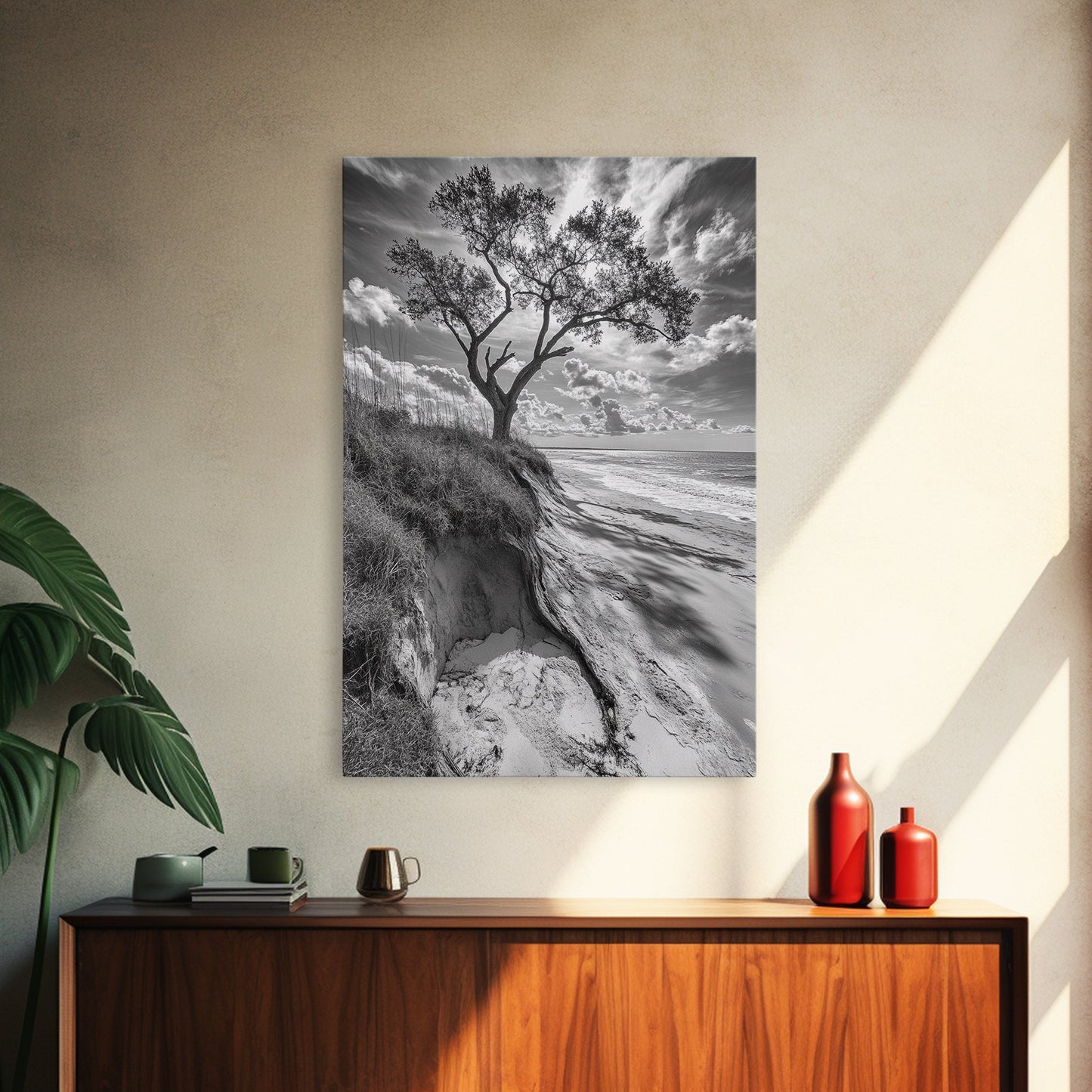 Coastal Tree Scene, Wind Swept Dune, Ocean Beach Horizon, Autumn Coastal Wall Art, Framed Canvas Print, Nature Lover Home Decor
