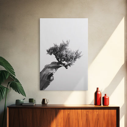 Bonsai Tree, Windswept Wood, Minimal Zen, Canvas Print, Japanese Style Art, Wabi Sabi Decor, Monochrome Botanical Wall Accent