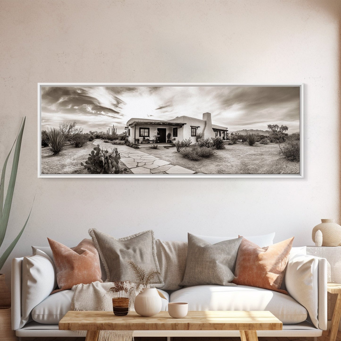 Desert Home, Adobe House, Rustic Pathway, Cactus Garden, Framed Canvas Print, Southwestern Decor, Living Room Wall Art, Western Aesthetic