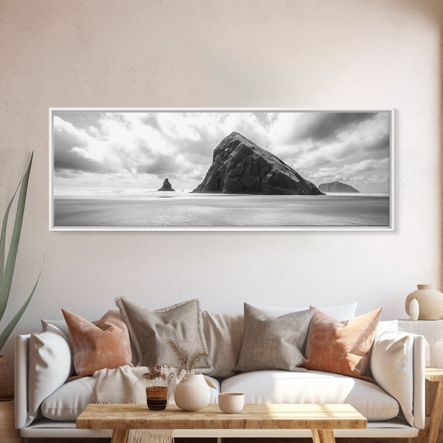 Sea Stack, Beach Horizon, Dramatic Sky, Monochrome Seascape, Framed Canvas Print, Coastal Wall Art, Modern Minimalist Entryway Decor