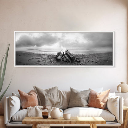Beach Bonfire, Coastal Glow, Driftwood Fire, Ocean Calm, Framed Canvas Print, Fall Wall Art, Living Room Decor, Nature Photography Style