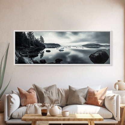 Arctic Shore, Ice Reflections, Northern Coastline, Framed Canvas Print, Moody ocean art, Coastal decor, Living room wall art, Monochrome nature