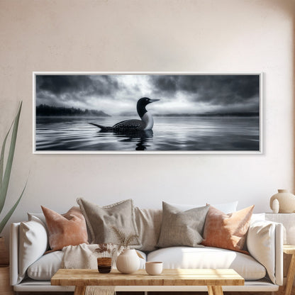 Northern Loon, Water Calm, Moody Wildlife, Canvas Print, Nature Wall Decor, Black and White Animal Art, Lakehouse Wall Art