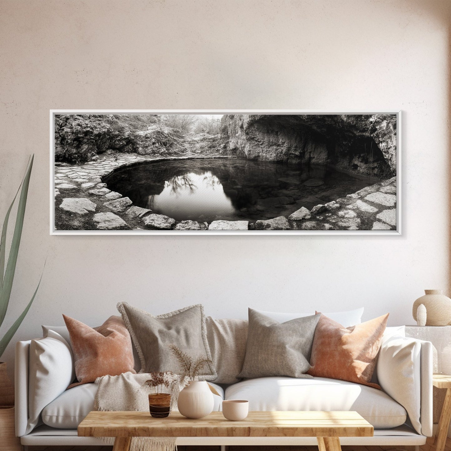 Steinbecken, Stille Spiegelung, Naturfotografie, Zen-Atmosphäre, Gerahmter Leinwanddruck, Wandbild fürs Badezimmer, Rustikale Dekoration, Ruhige Wohnatmosphäre