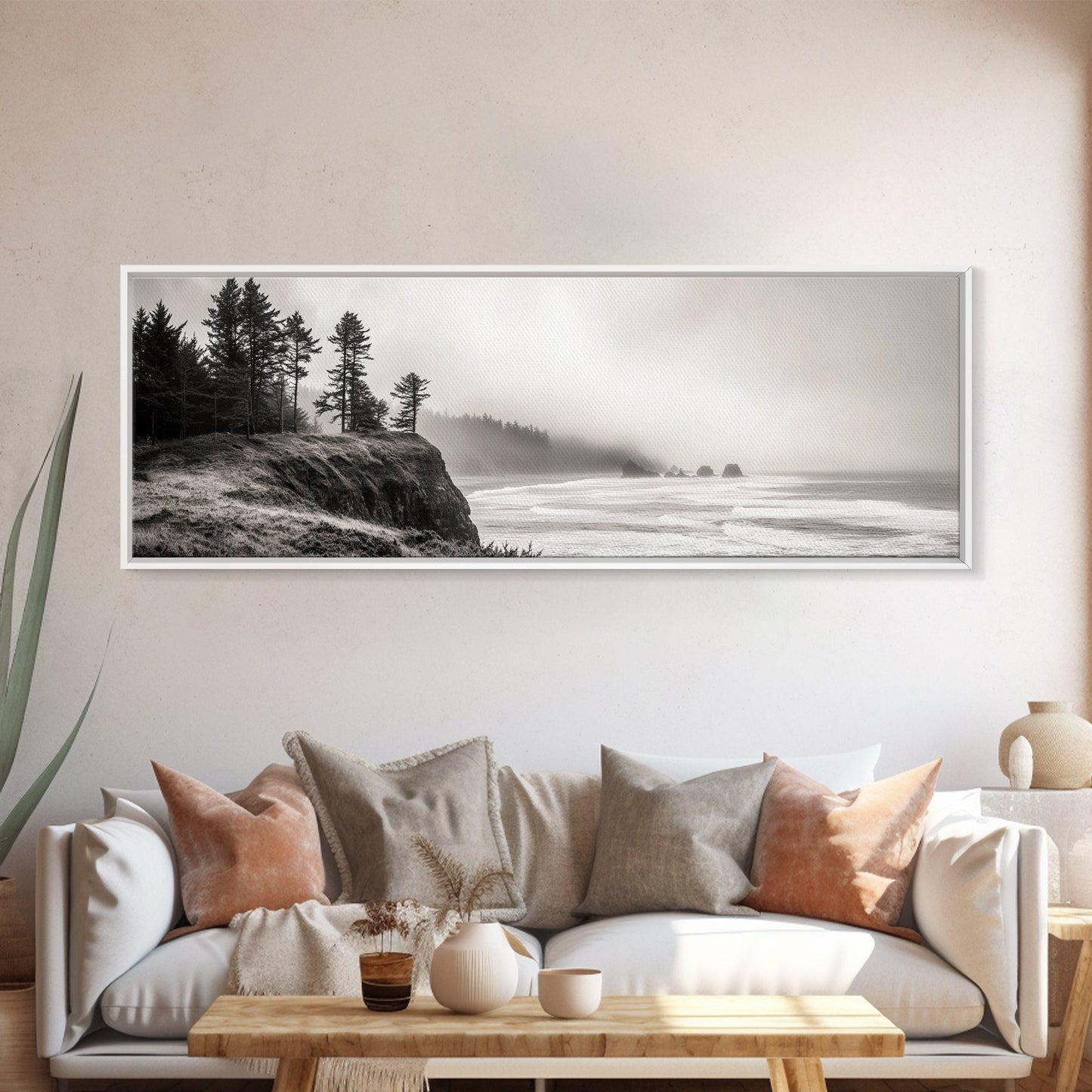 Foggy Pines, Ocean Horizon, Coastal Landscape, Moody Beach Scene, Canvas Print, Bedroom Wall Art, Rustic Cabin Decor, Nature Photography