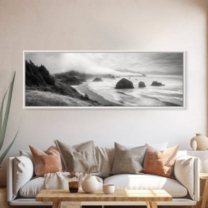 Pazifikküste, nebelverhangene Klippen, Felsen im Meer, stimmungsvolle Strandszene, Leinwanddruck, moderne Naturdekoration, Wandbild fürs Wohnzimmer, Küstenlandschaft