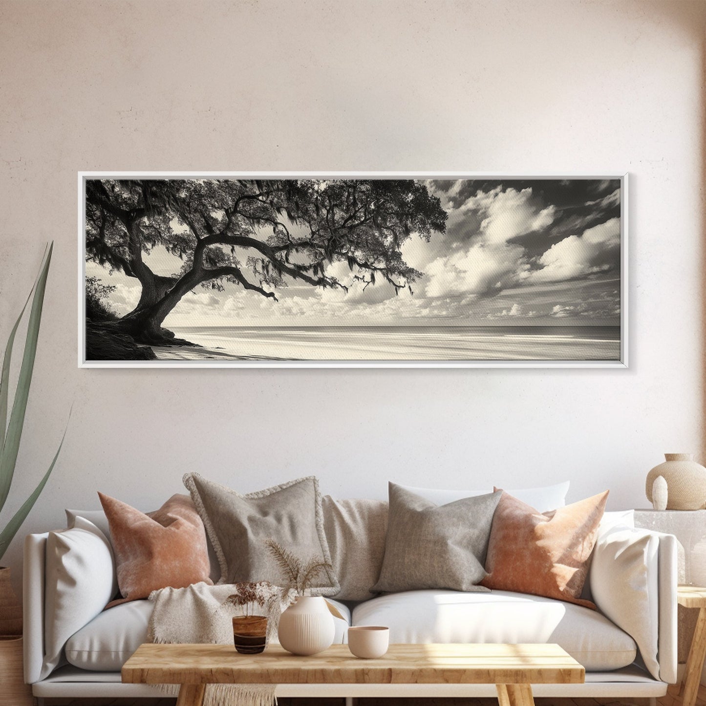 Südliche Eiche, Küstenbaum, Strandidylle, idyllische Landschaft, Leinwanddruck, neutrale Wohnzimmerkunst, Boho-Naturdekor, Strandwandkunst