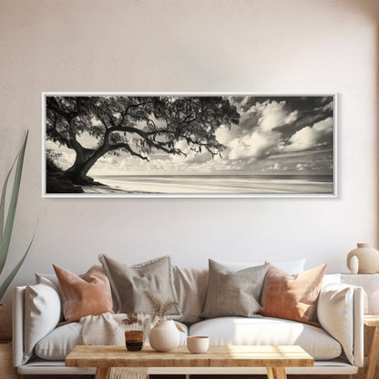 Südliche Eiche, Küstenbaum, Strandidylle, idyllische Landschaft, Leinwanddruck, neutrale Wohnzimmerkunst, Boho-Naturdekor, Strandwandkunst