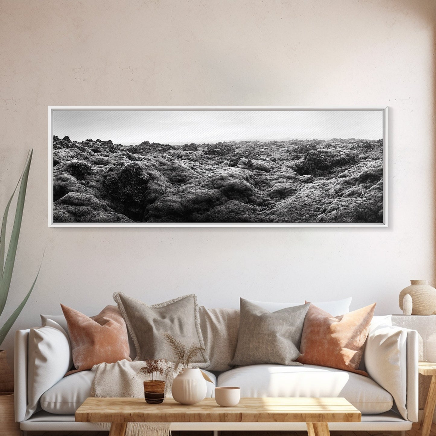 Vulkanmoos, raues Gelände, isländische Landschaft, wilde Naturszene, Leinwanddruck, Erdtöne, Wandbild für den Eingangsbereich, minimalistische Abenteuerkunst