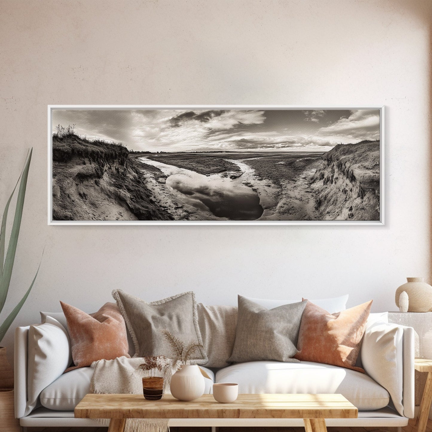 Marsh Landscape, Coastal Grasslands, Autumn Earth Tones, Framed Canvas Print, Fall Wall Art, Farmhouse Style, Rustic Entryway Decor